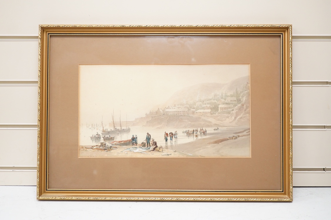 Late 19th century, English School, Harbour view with fishermen and women, indistinctly signed, partially obscured by mount, heightened watercolour, 21 x 36cm